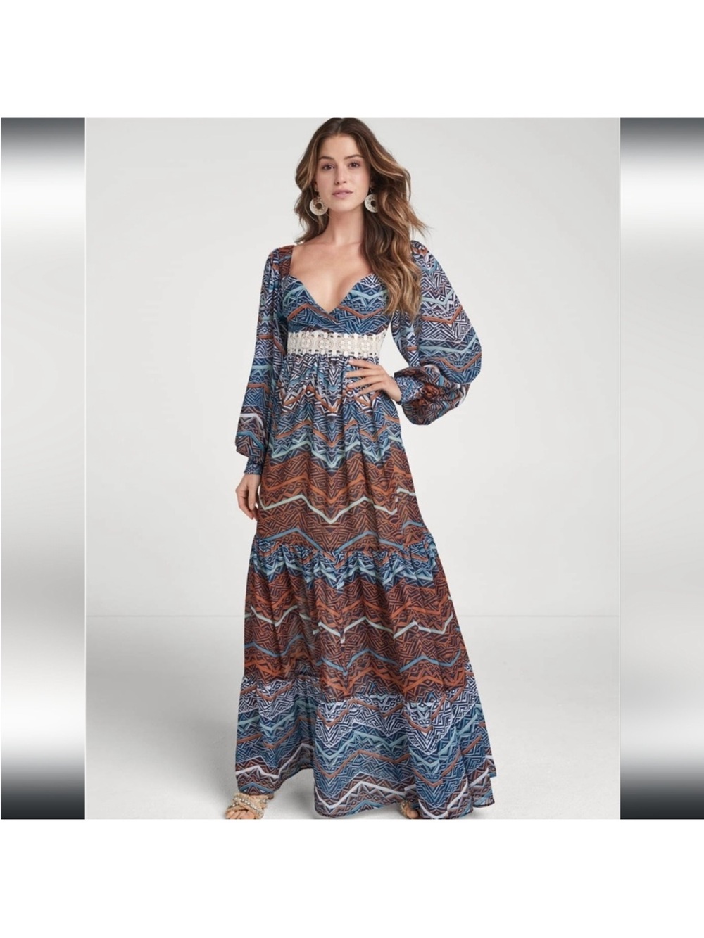VENUS Blue and Brown Printed Boho Maxi Dress